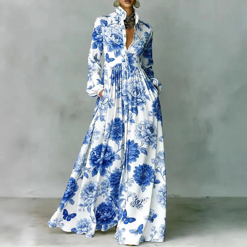 Navy Retro High Waist Pleated Maxi Dress Women UK – Long Sleeve Boho Spring Dress, Garden Party & Wedding Guest