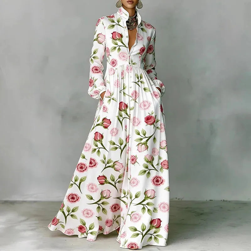 Navy Retro High Waist Pleated Maxi Dress Women UK – Long Sleeve Boho Spring Dress, Garden Party & Wedding Guest