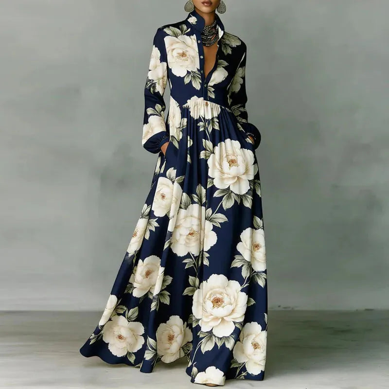 Navy Retro High Waist Pleated Maxi Dress Women UK – Long Sleeve Boho Spring Dress, Garden Party & Wedding Guest
