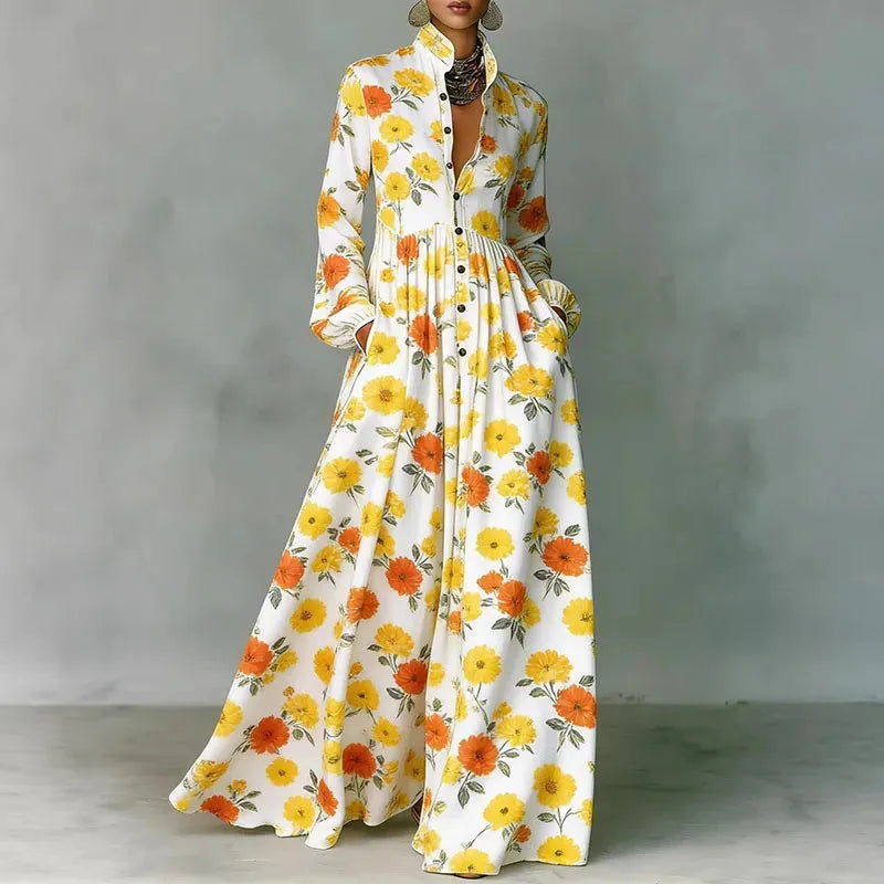 Navy Retro High Waist Pleated Maxi Dress Women UK – Long Sleeve Boho Spring Dress, Garden Party & Wedding Guest