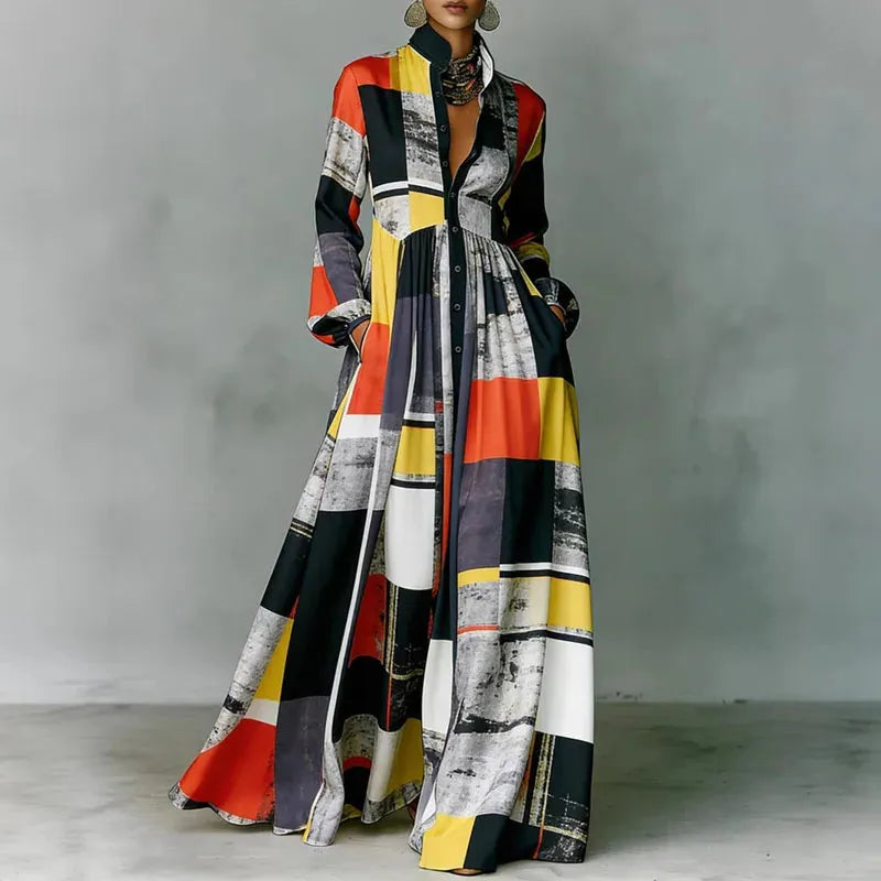 Navy Retro High Waist Pleated Maxi Dress Women UK – Long Sleeve Boho Spring Dress, Garden Party & Wedding Guest