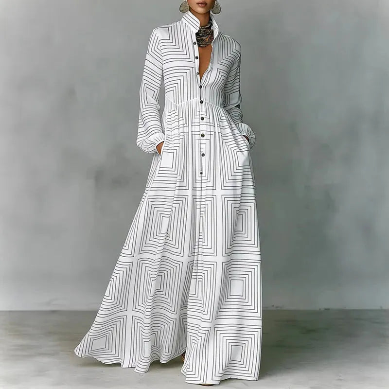 Navy Retro High Waist Pleated Maxi Dress Women UK – Long Sleeve Boho Spring Dress, Garden Party & Wedding Guest