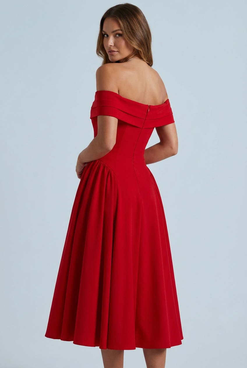 Off Shoulder Pleated Flare Dress for Women - Mid Length Evening Wear
