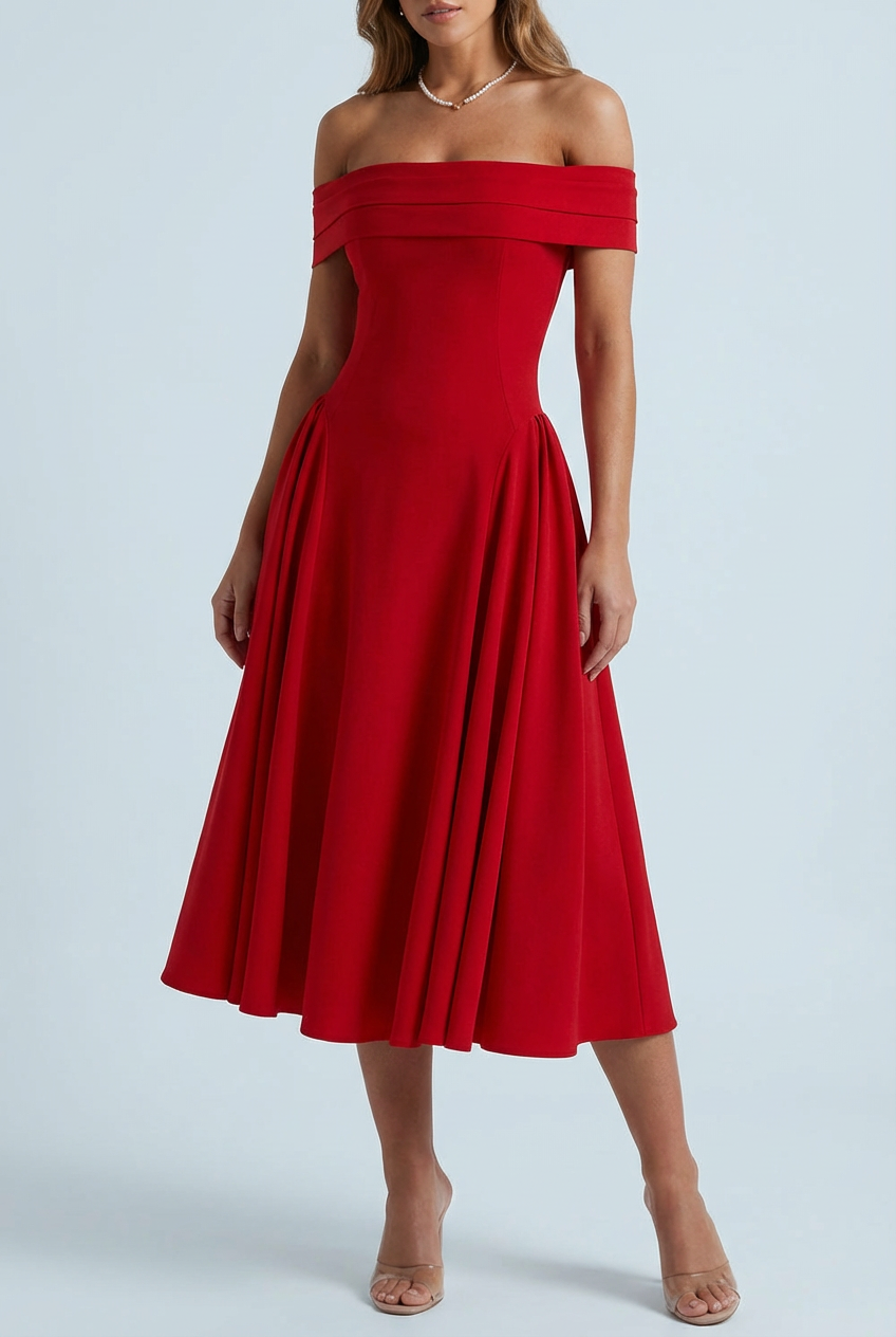 Off Shoulder Pleated Flare Dress for Women - Mid Length Evening Wear