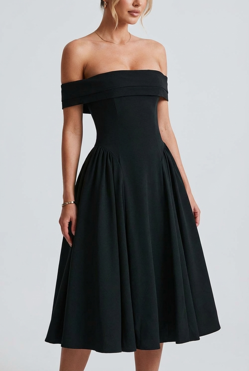 Off Shoulder Pleated Flare Dress for Women - Mid Length Evening Wear