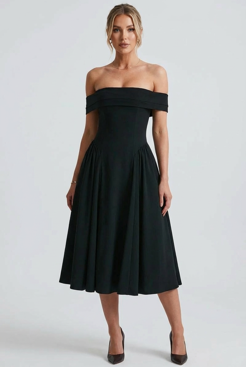 Off Shoulder Pleated Flare Dress for Women - Mid Length Evening Wear