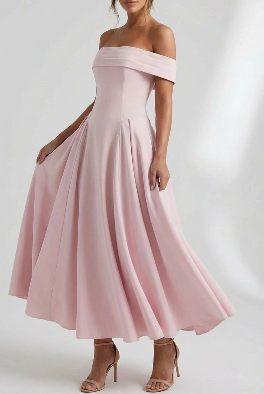 Off Shoulder Pleated Flare Dress for Women - Mid Length Evening Wear