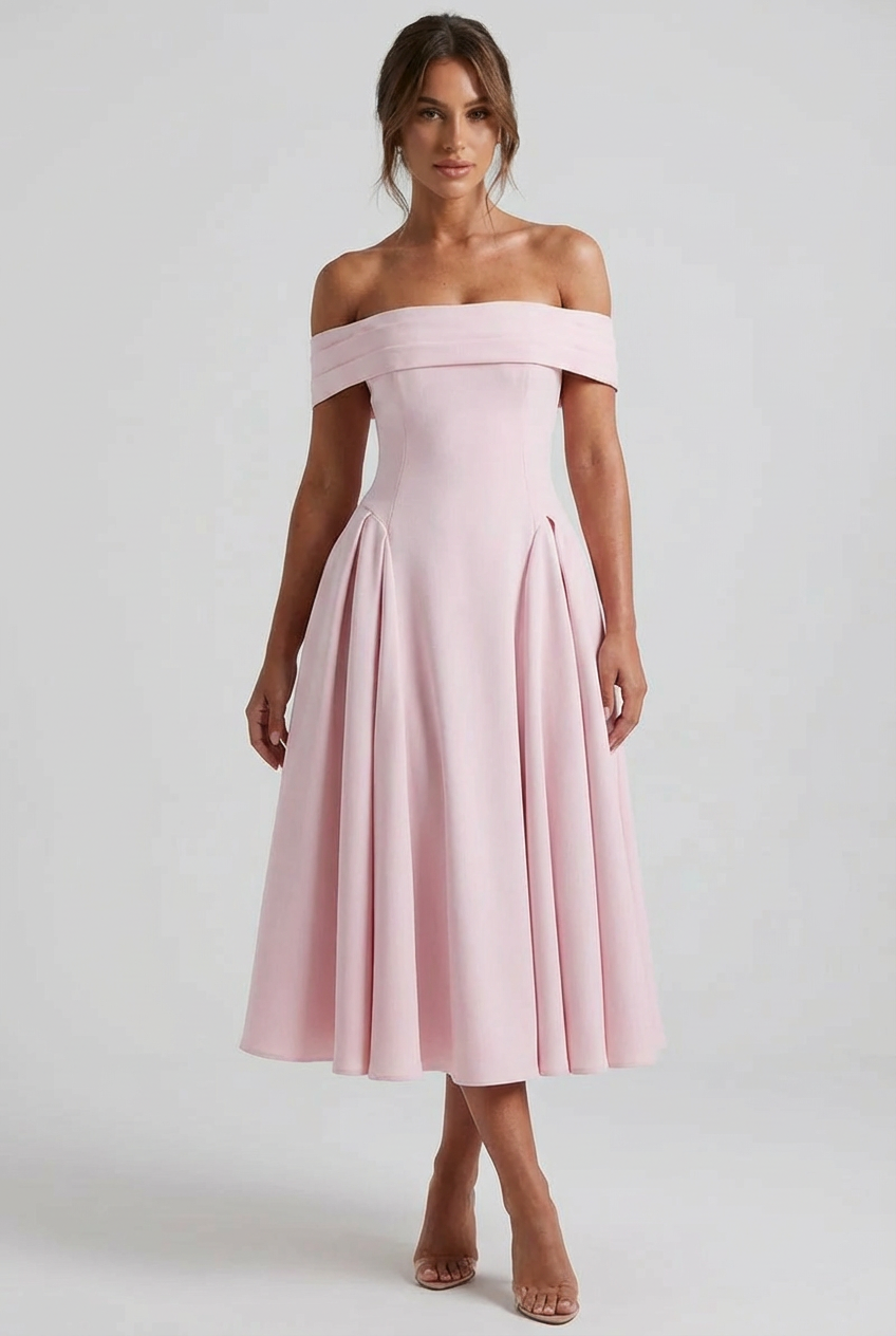 Off Shoulder Pleated Flare Dress for Women - Mid Length Evening Wear