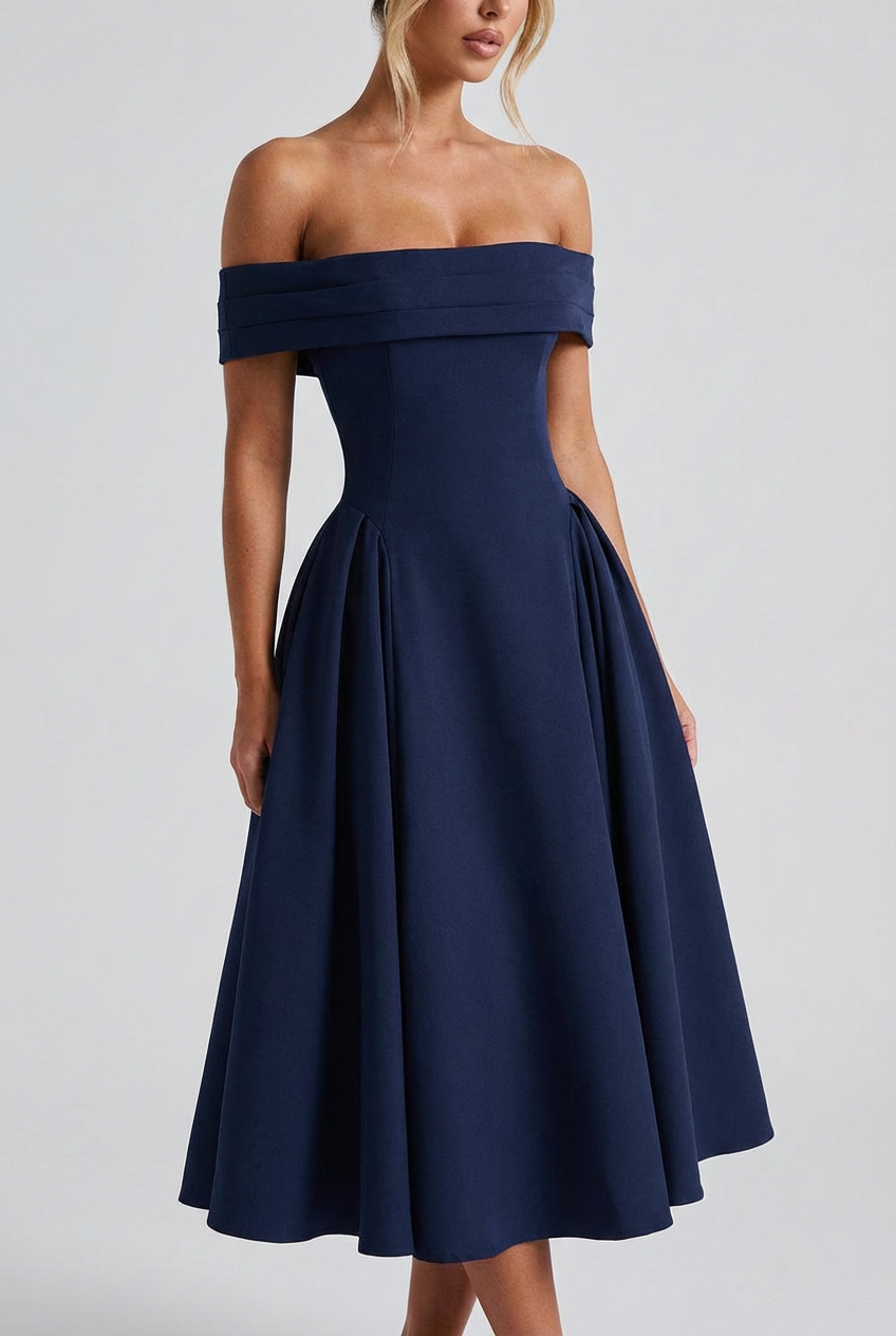 Off Shoulder Pleated Flare Dress for Women - Mid Length Evening Wear