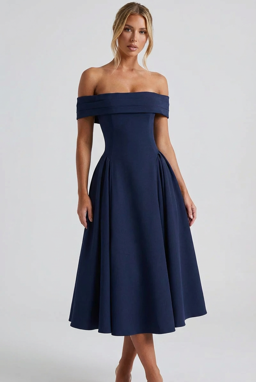 Off Shoulder Pleated Flare Dress for Women - Mid Length Evening Wear