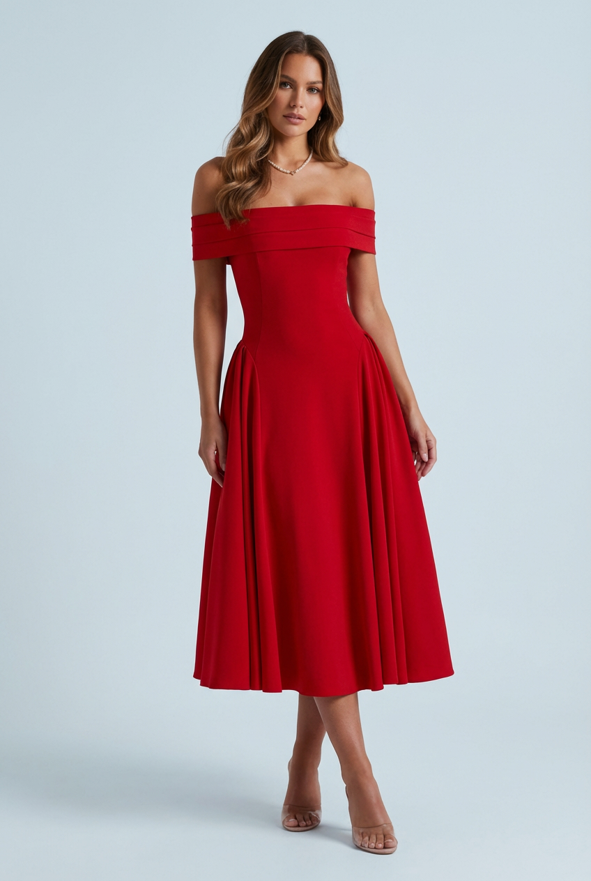 Off Shoulder Pleated Flare Dress for Women - Mid Length Evening Wear