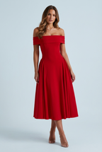 Off Shoulder Pleated Flare Dress for Women - Mid Length Evening Wear