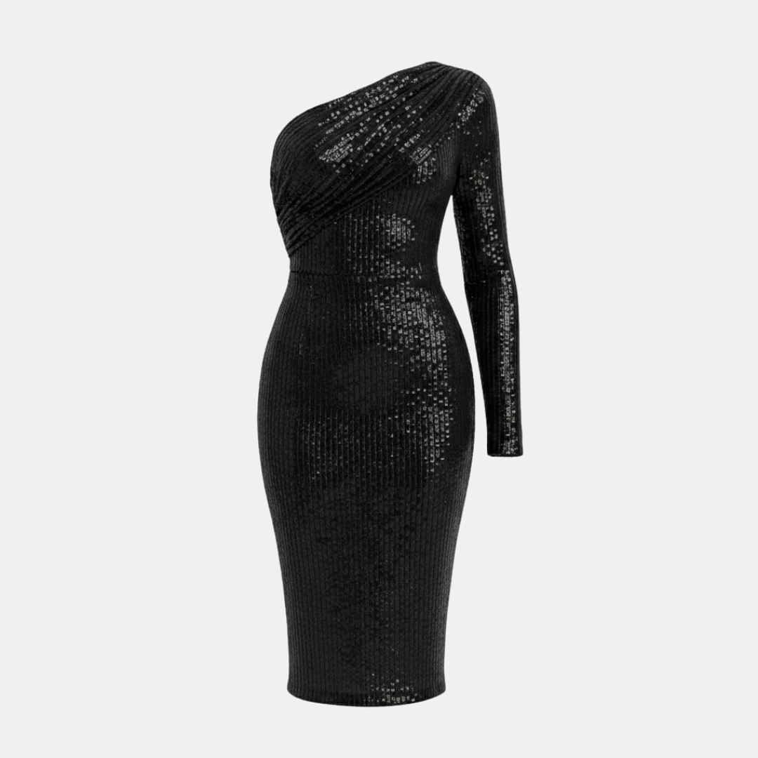 One-Shoulder Black Sequined Evening Dress for Women - Formal Event Gown