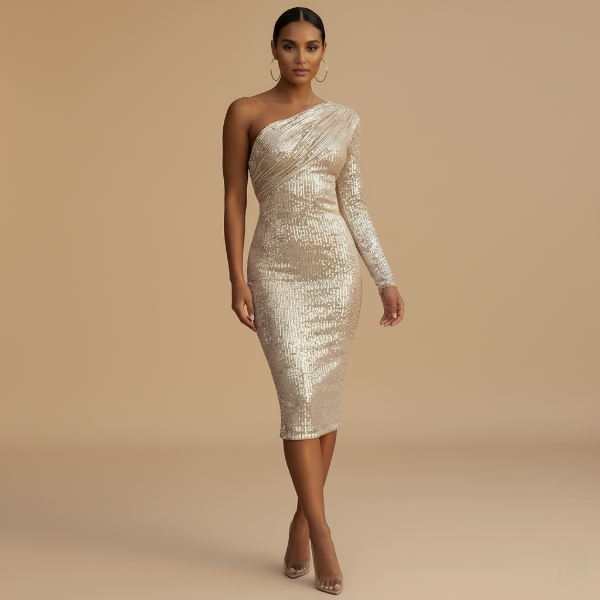 One-Shoulder Black Sequined Evening Dress for Women - Formal Event Gown