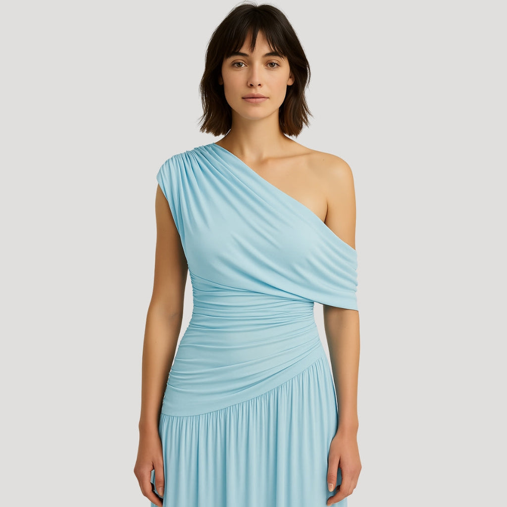 One-Shoulder Ruched Maxi Dress for Women | Elegant Summer Evening Wear | Lightweight Fabric