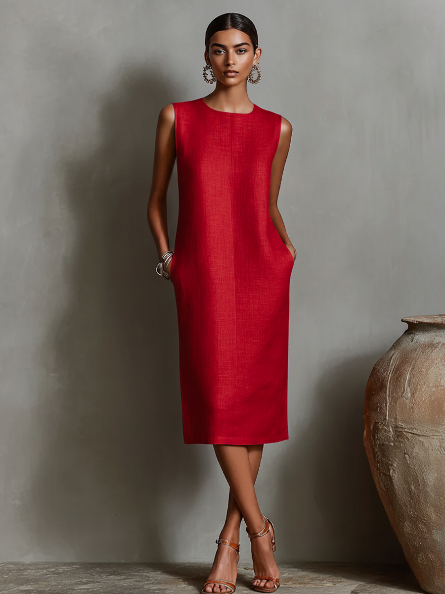 Orange Linen Shift Dress Women UK – Sleeveless Round Neck Dress, Garden Party Wedding Guest