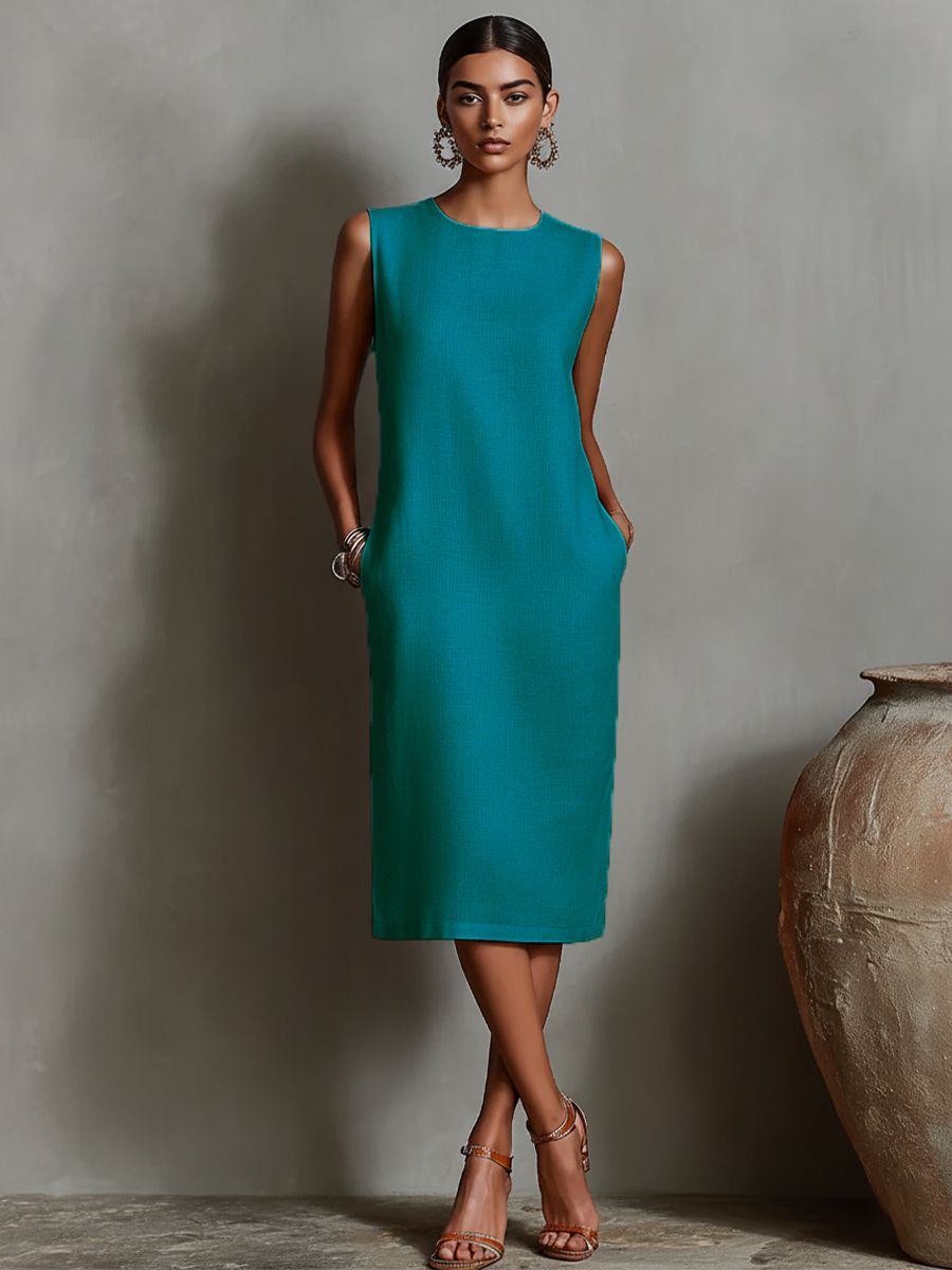 Orange Linen Shift Dress Women UK – Sleeveless Round Neck Dress, Garden Party Wedding Guest