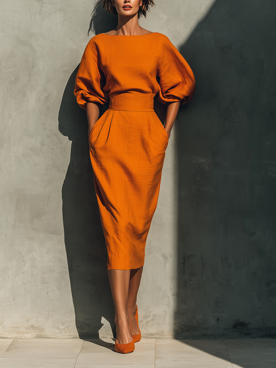 Orange Mid-sleeve Top and Midi Skirt Set Women UK – Smart Casual Holiday Outfit, Brunch