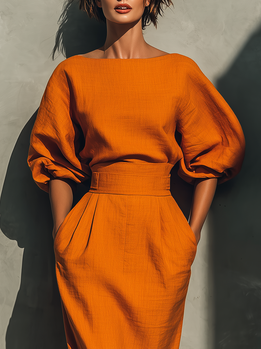 Orange Mid-sleeve Top and Midi Skirt Set Women UK – Smart Casual Holiday Outfit, Brunch
