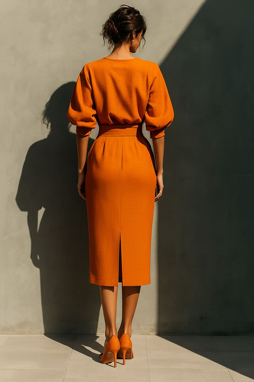 Orange Mid-sleeve Top and Midi Skirt Set Women UK – Smart Casual Holiday Outfit, Brunch