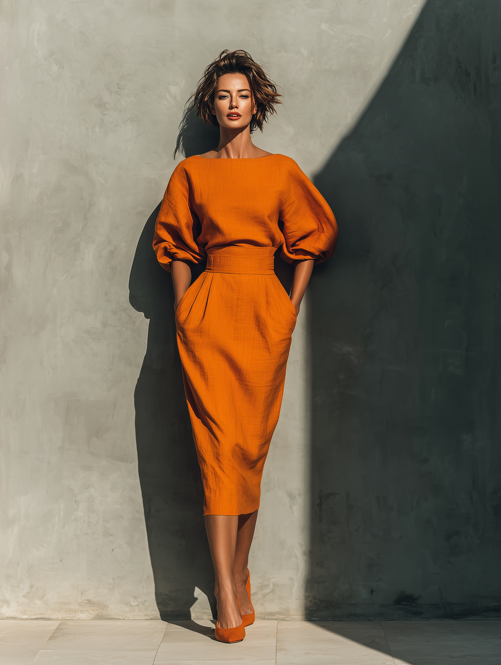 Orange Mid-sleeve Top and Midi Skirt Set Women UK – Smart Casual Holiday Outfit, Brunch