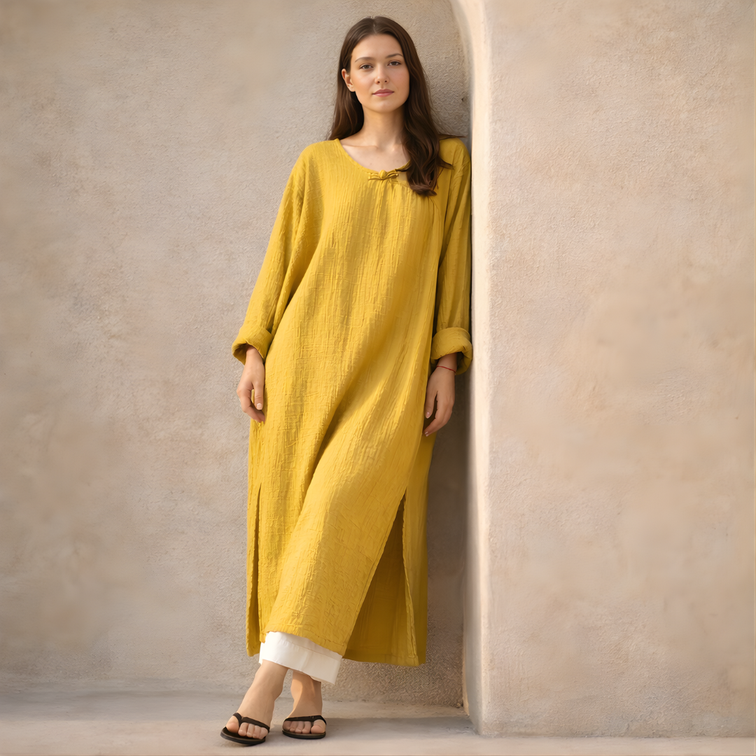 Oversized Maxi Dress in Cotton Linen with Long Sleeves for Casual Wear