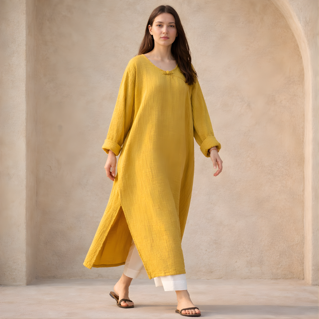 Oversized Maxi Dress in Cotton Linen with Long Sleeves for Casual Wear