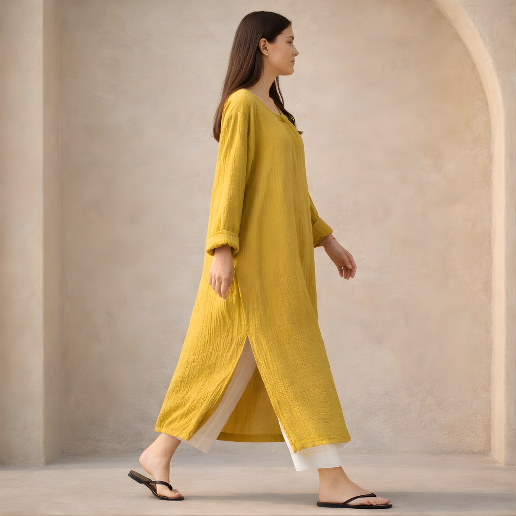 Oversized Maxi Dress in Cotton Linen with Long Sleeves for Casual Wear