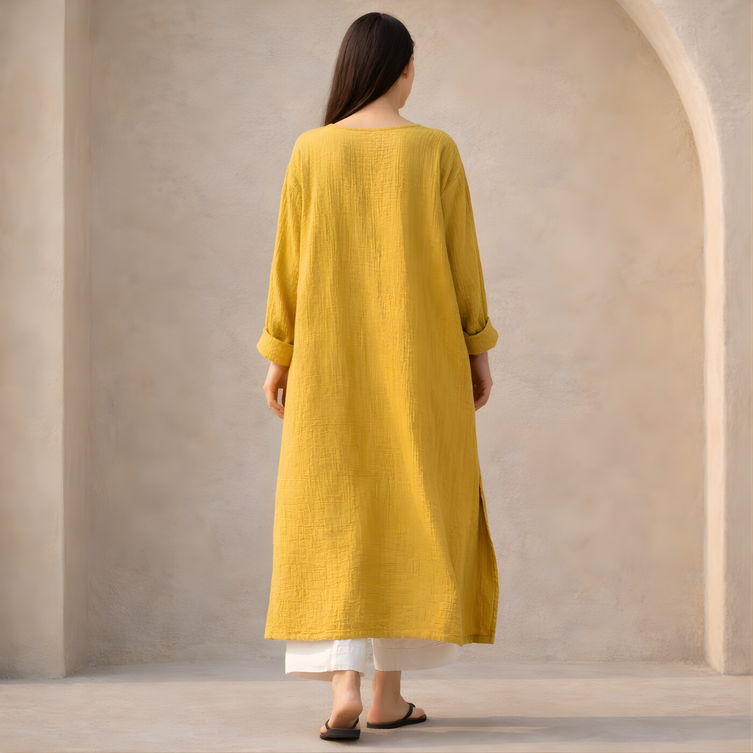 Oversized Maxi Dress in Cotton Linen with Long Sleeves for Casual Wear