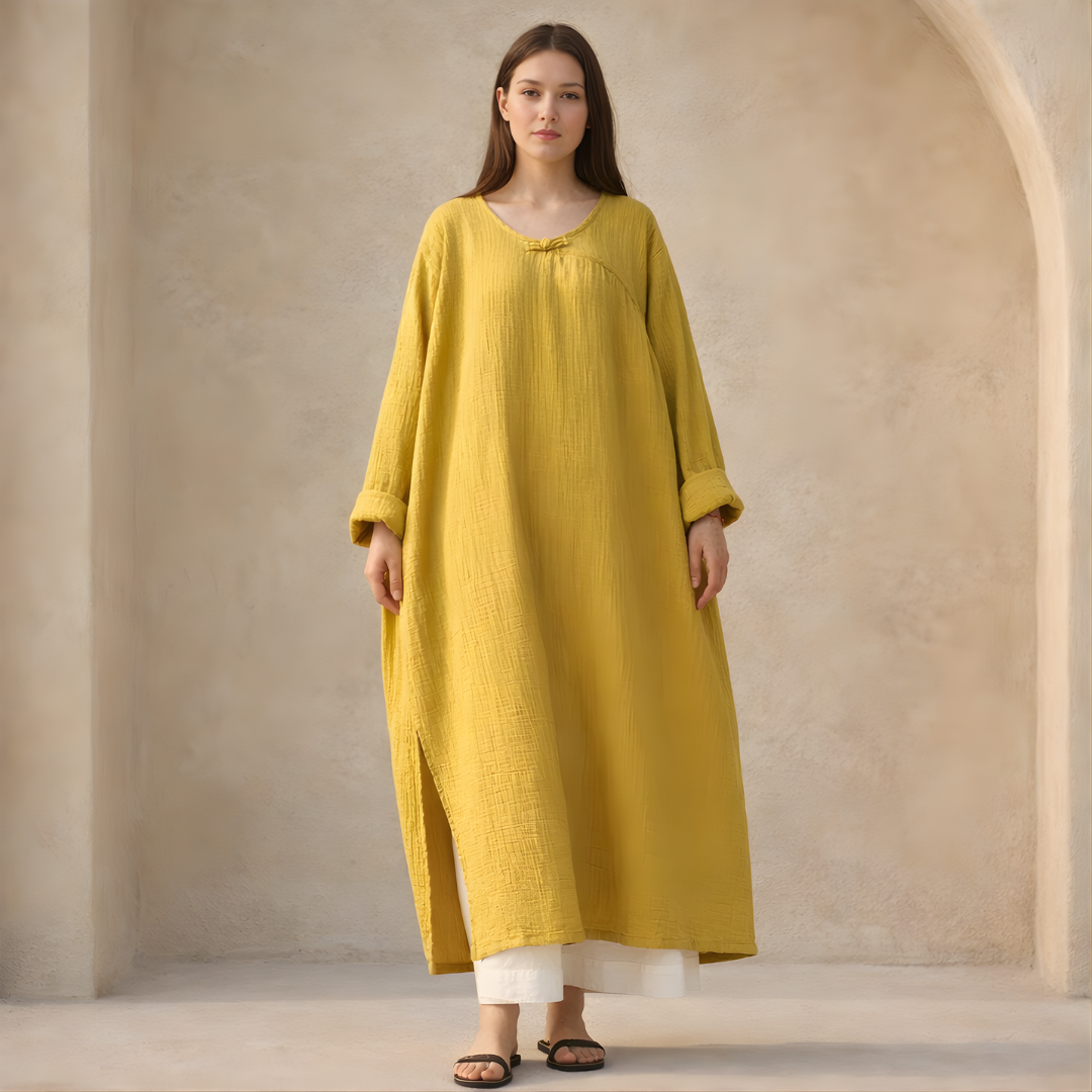 Oversized Maxi Dress in Cotton Linen with Long Sleeves for Casual Wear