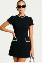 Pearl Trim Mini Dress with Pockets for Women - Elegant Casual Wear