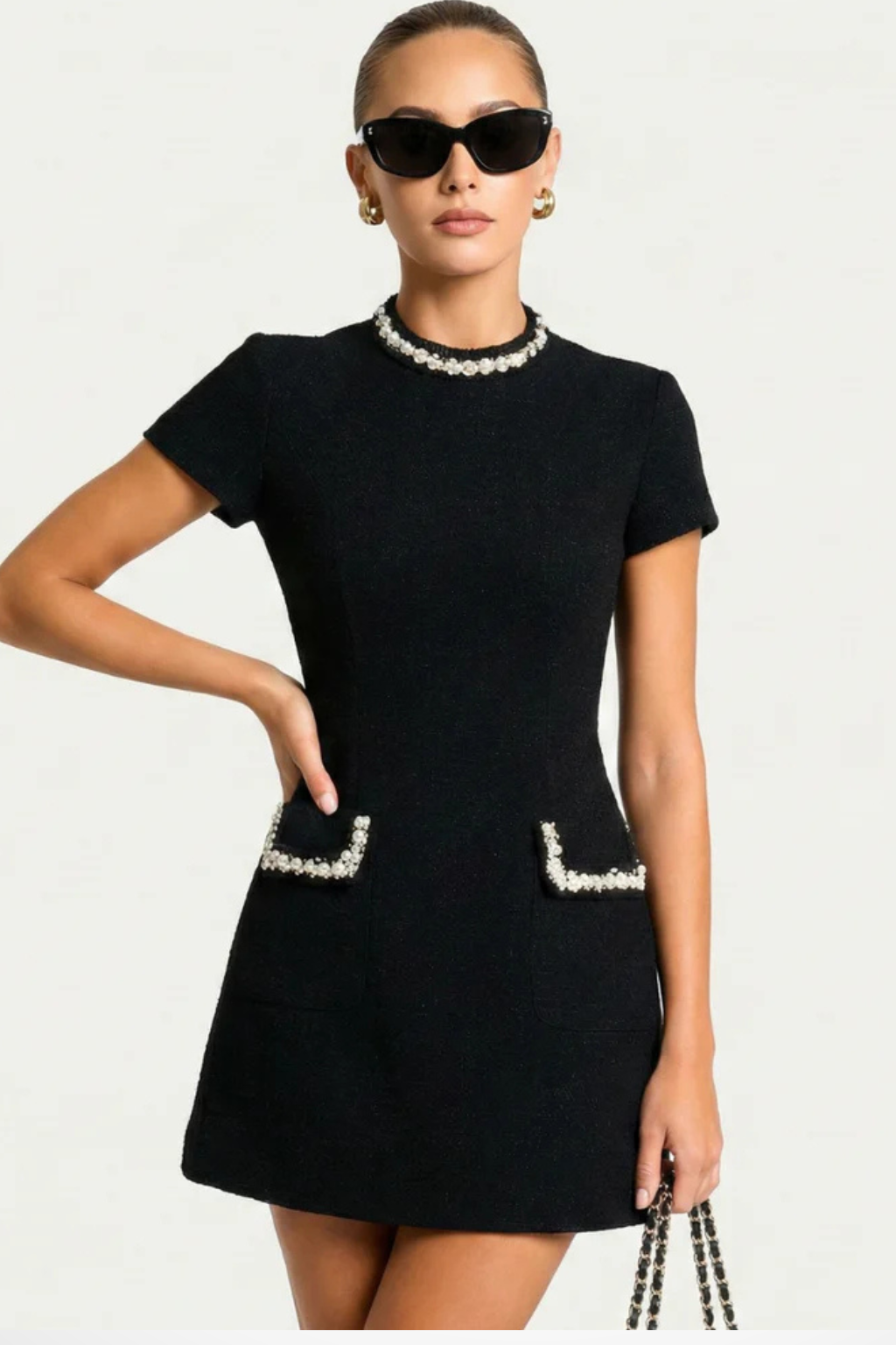 Pearl Trim Mini Dress with Pockets for Women - Elegant Casual Wear