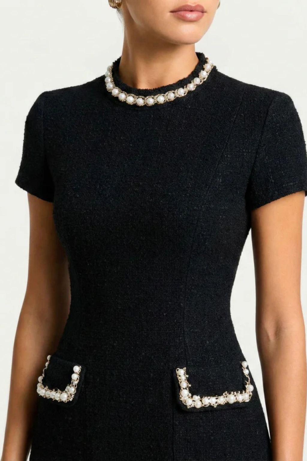 Pearl Trim Mini Dress with Pockets for Women - Elegant Casual Wear