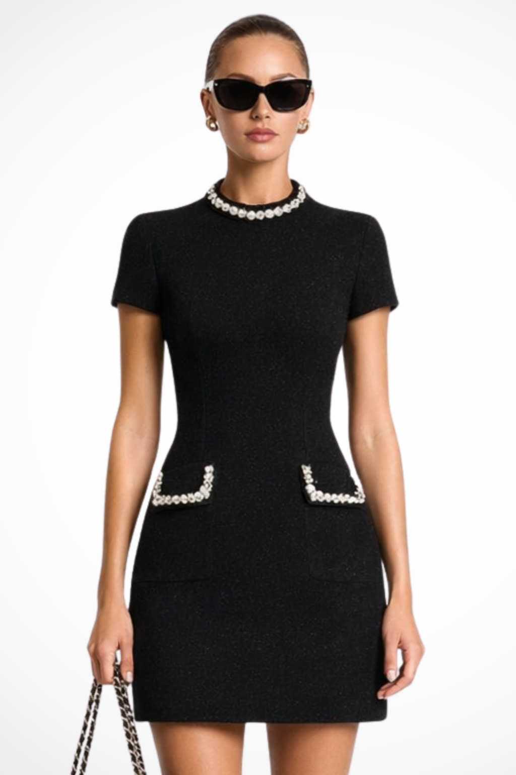 Pearl Trim Mini Dress with Pockets for Women - Elegant Casual Wear