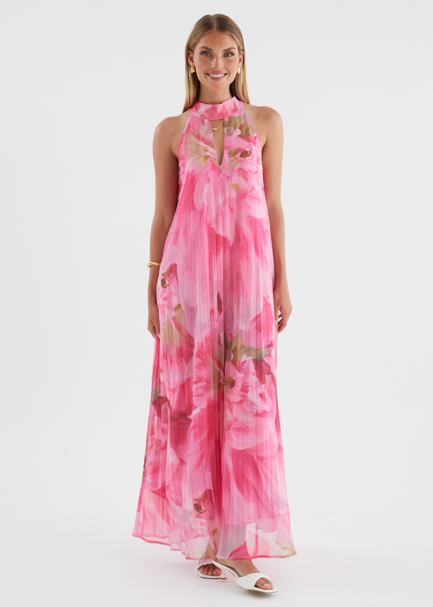 Pink Floral Maxi Dress - Lightweight Fabric - Summer Casual Wear