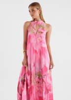 Pink Floral Maxi Dress - Lightweight Fabric - Summer Casual Wear