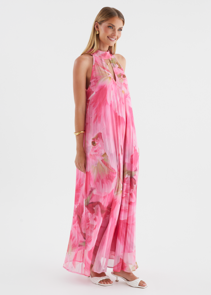 Pink Floral Maxi Dress - Lightweight Fabric - Summer Casual Wear