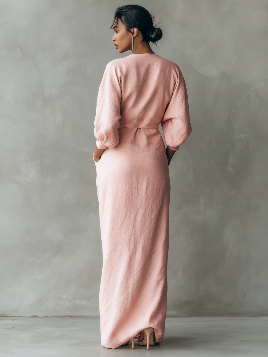 Pink Linen Blend Maxi Dress Women UK – Wedding Guest Garden Party Evening Gown, Cocktail Attire