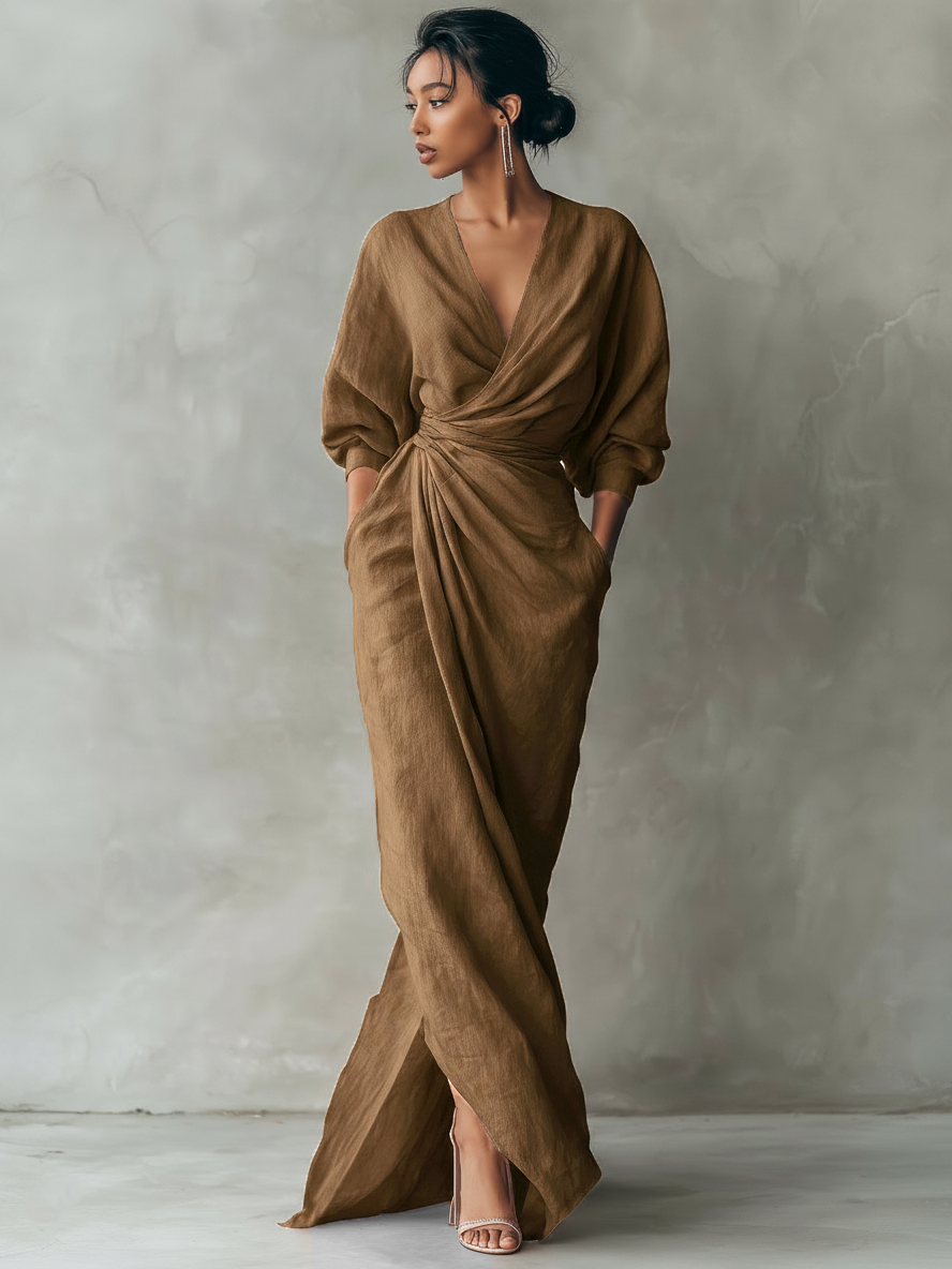 Pink Linen Blend Maxi Dress Women UK – Wedding Guest Garden Party Evening Gown, Cocktail Attire