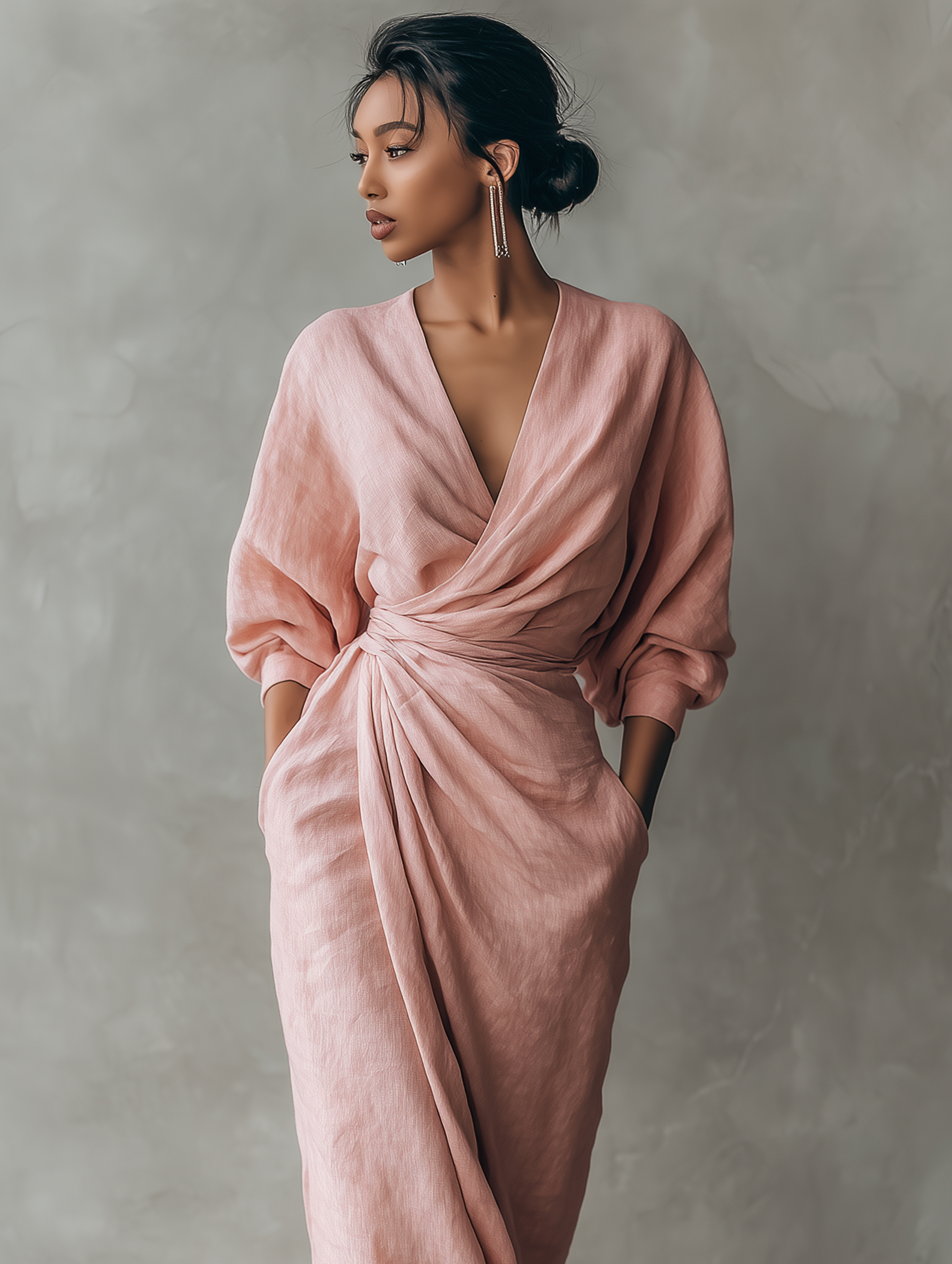 Pink Linen Blend Maxi Dress Women UK – Wedding Guest Garden Party Evening Gown, Cocktail Attire