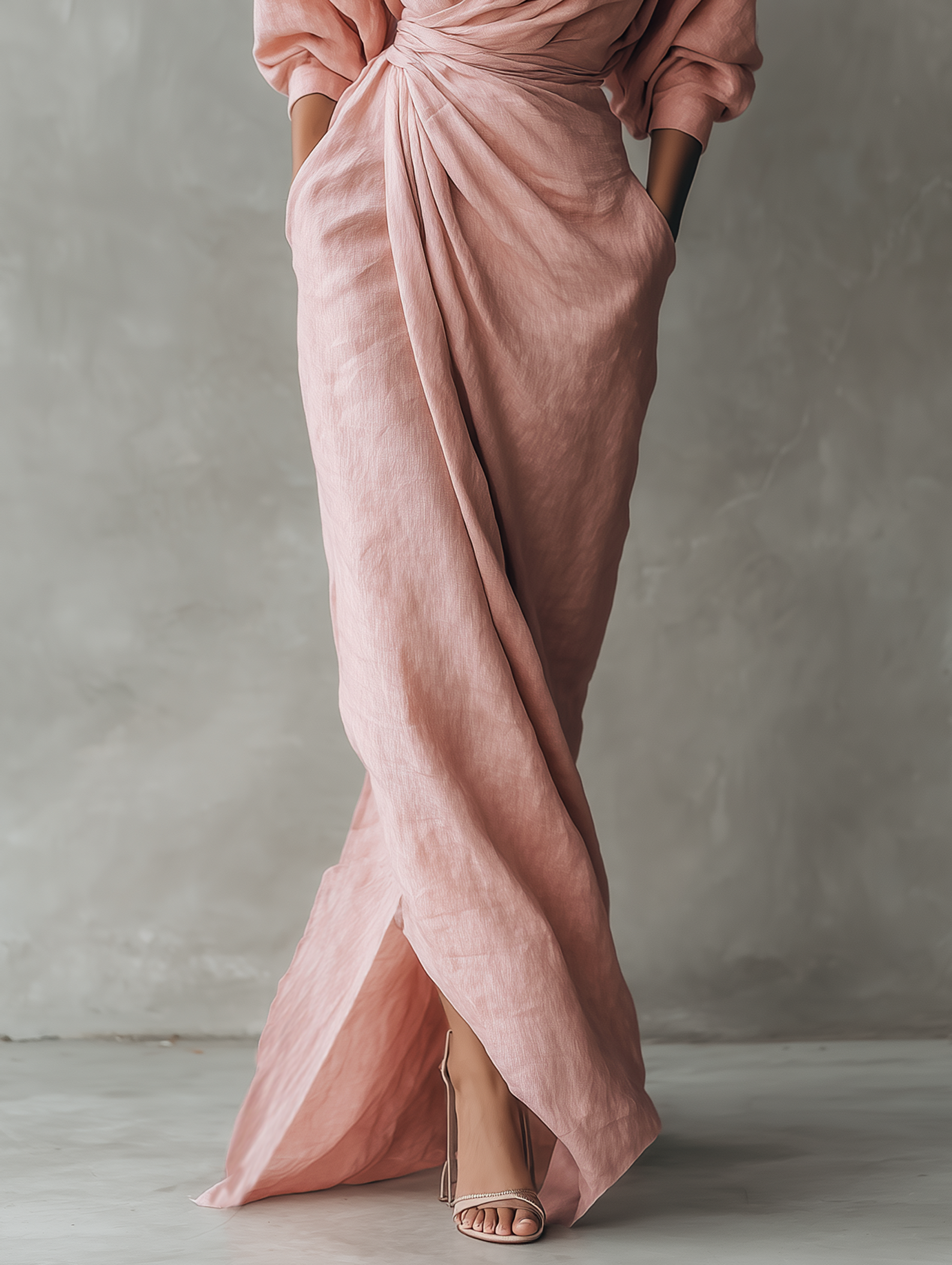 Pink Linen Blend Maxi Dress Women UK – Wedding Guest Garden Party Evening Gown, Cocktail Attire
