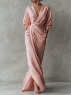 Pink Linen Blend Maxi Dress Women UK – Wedding Guest Garden Party Evening Gown, Cocktail Attire
