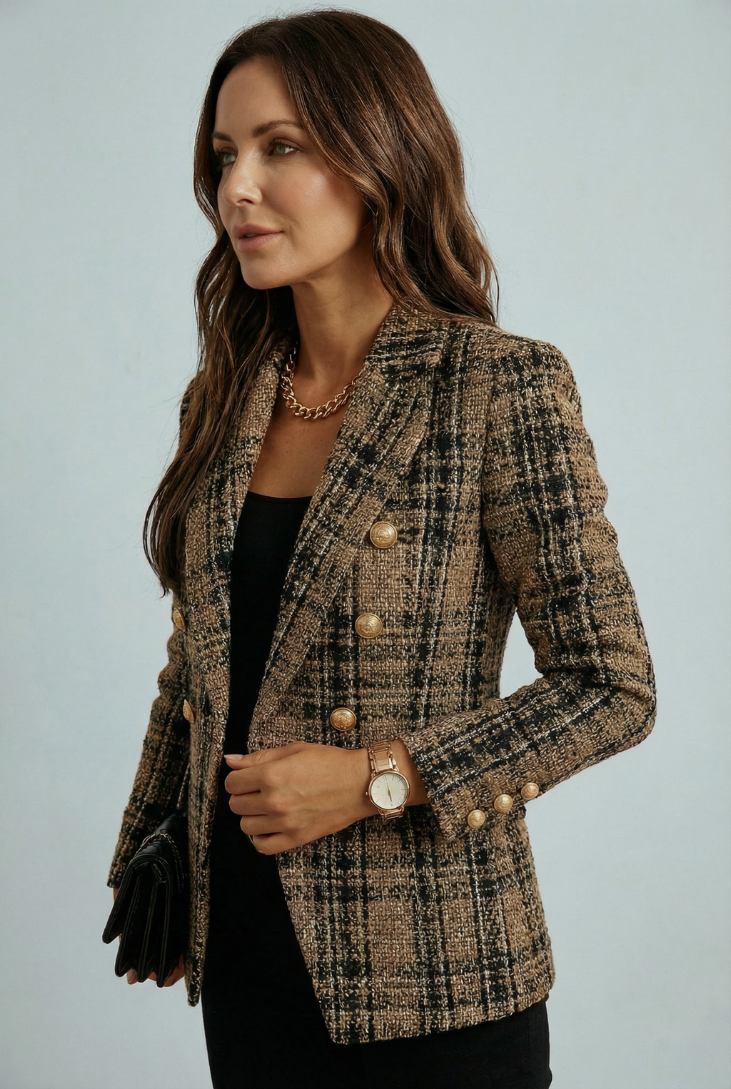 Plaid Check Double-Breasted Blazer for Women - Stylish Office Wear