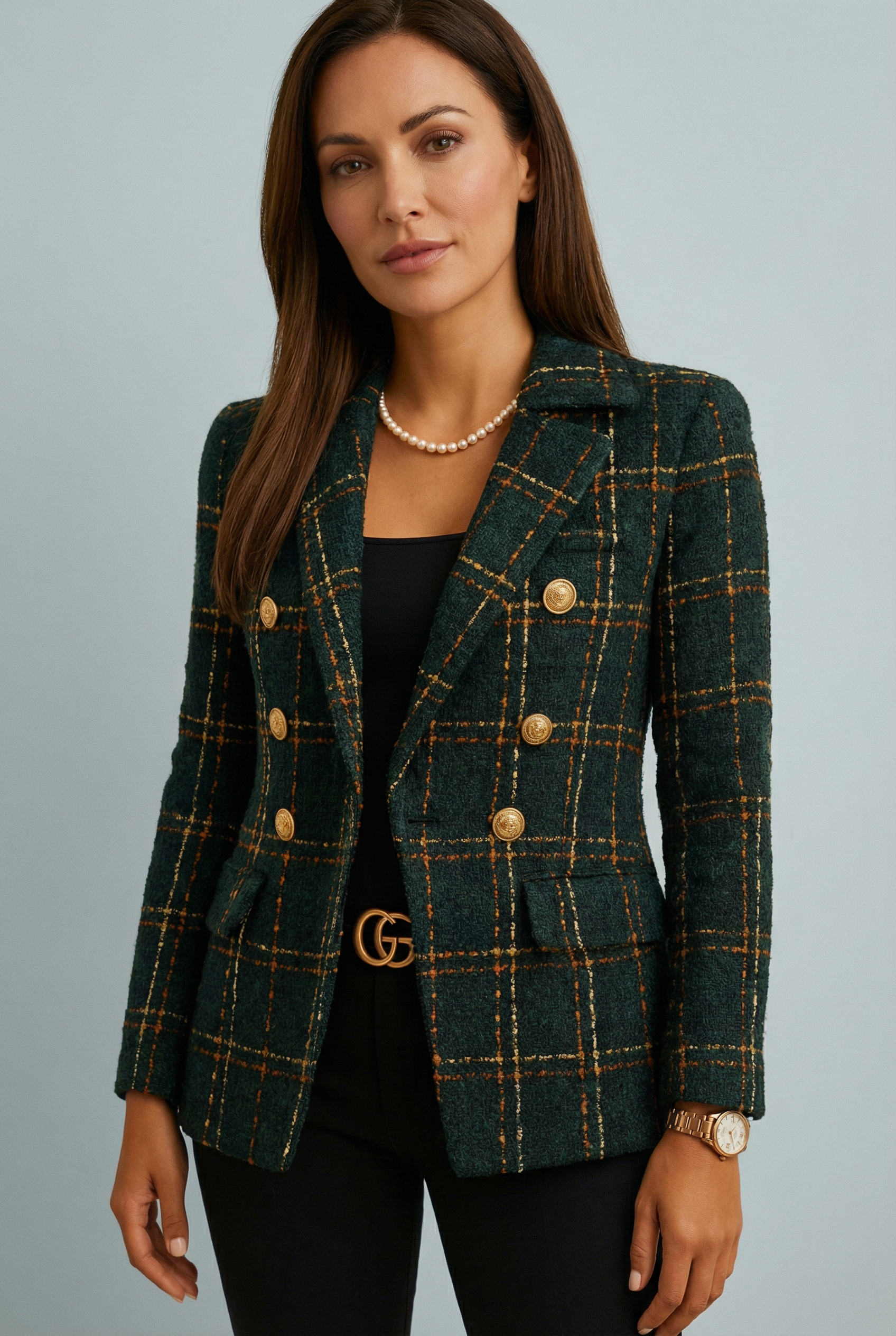 Plaid Check Double-Breasted Blazer for Women - Stylish Office Wear