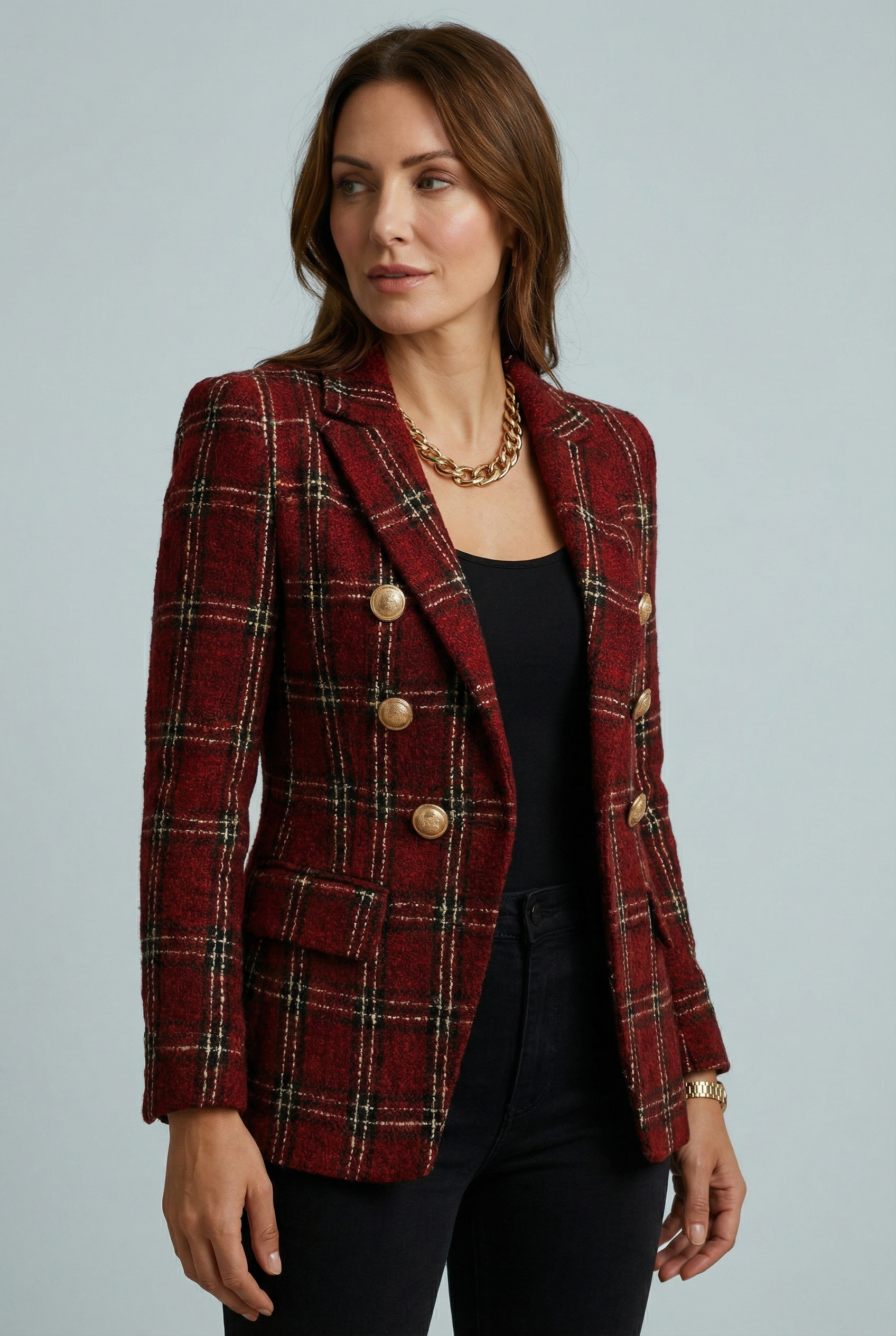 Plaid Check Double-Breasted Blazer for Women - Stylish Office Wear