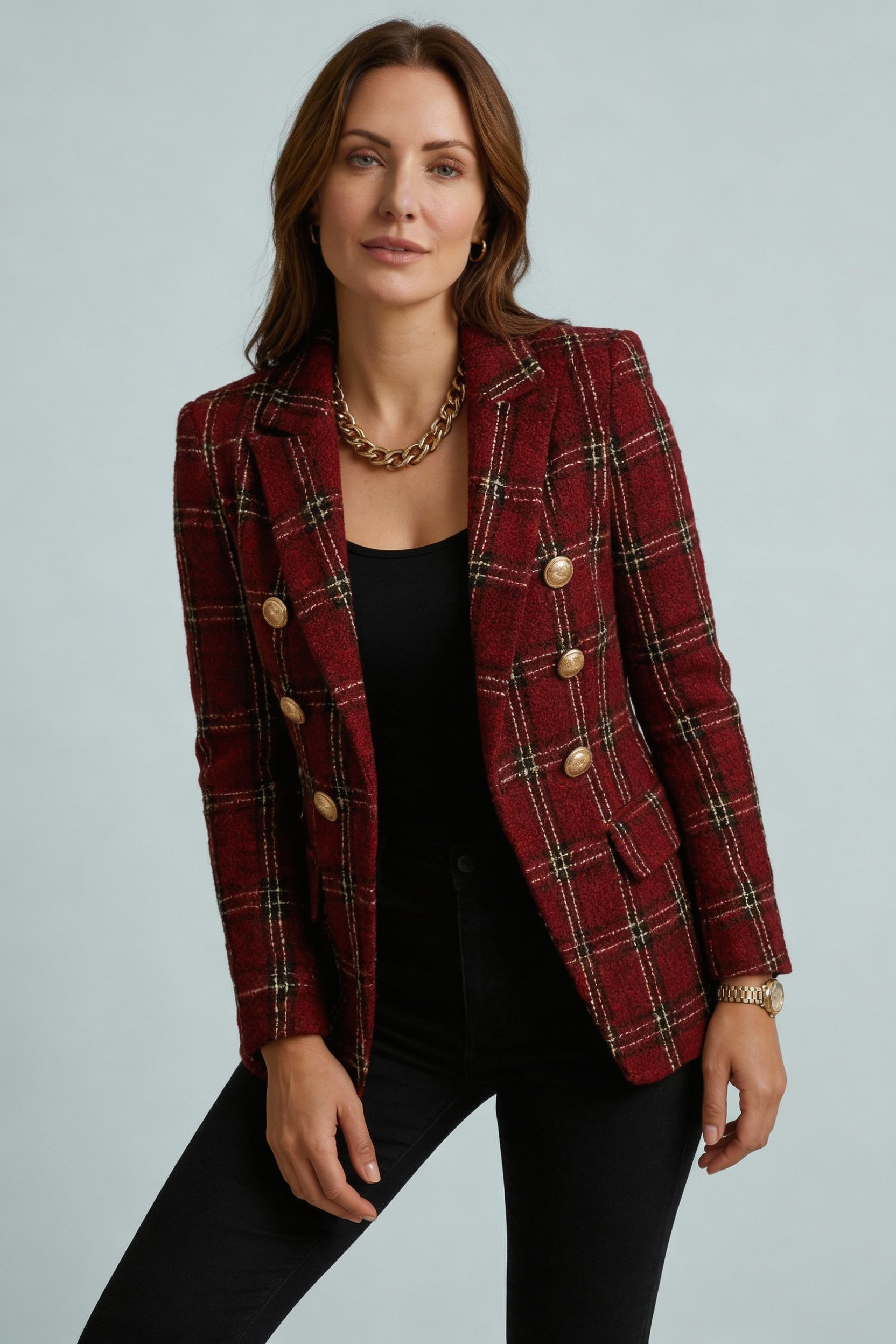 Plaid Check Double-Breasted Blazer for Women - Stylish Office Wear