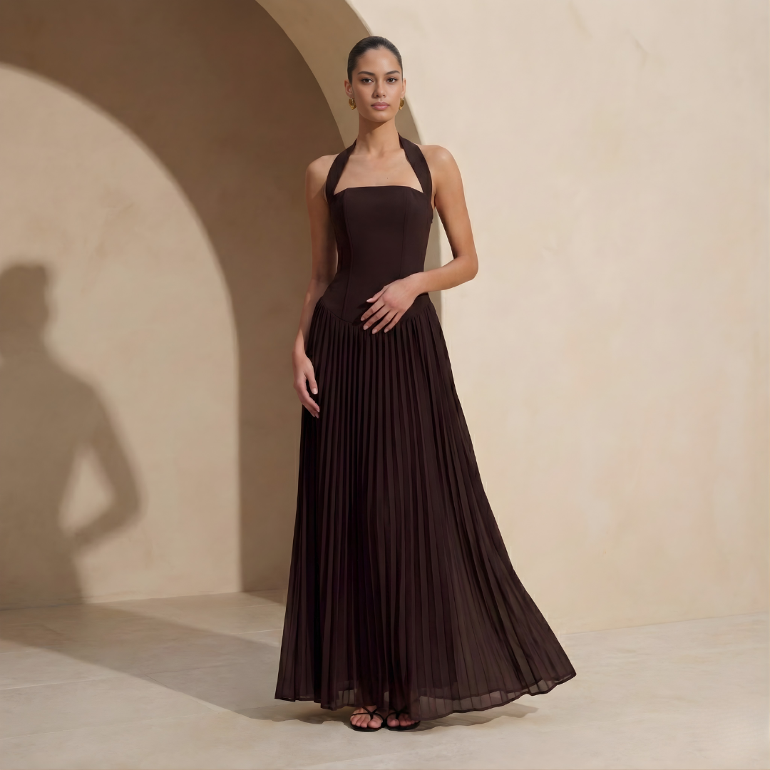 Pleated Halter Maxi Dress with Drop Waist | Elegant Evening Wear Dress