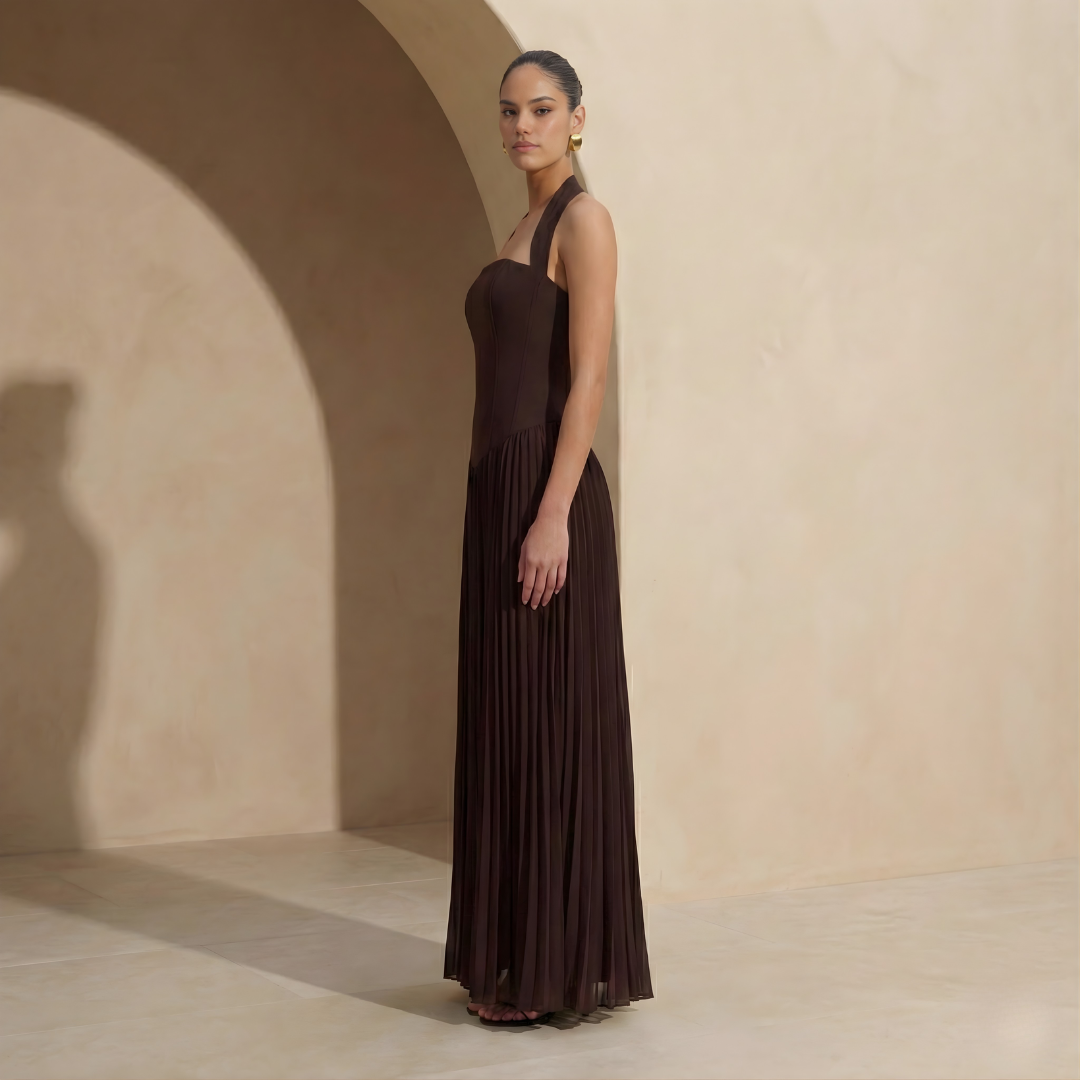 Pleated Halter Maxi Dress with Drop Waist | Elegant Evening Wear Dress