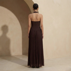 Pleated Halter Maxi Dress with Drop Waist | Elegant Evening Wear Dress