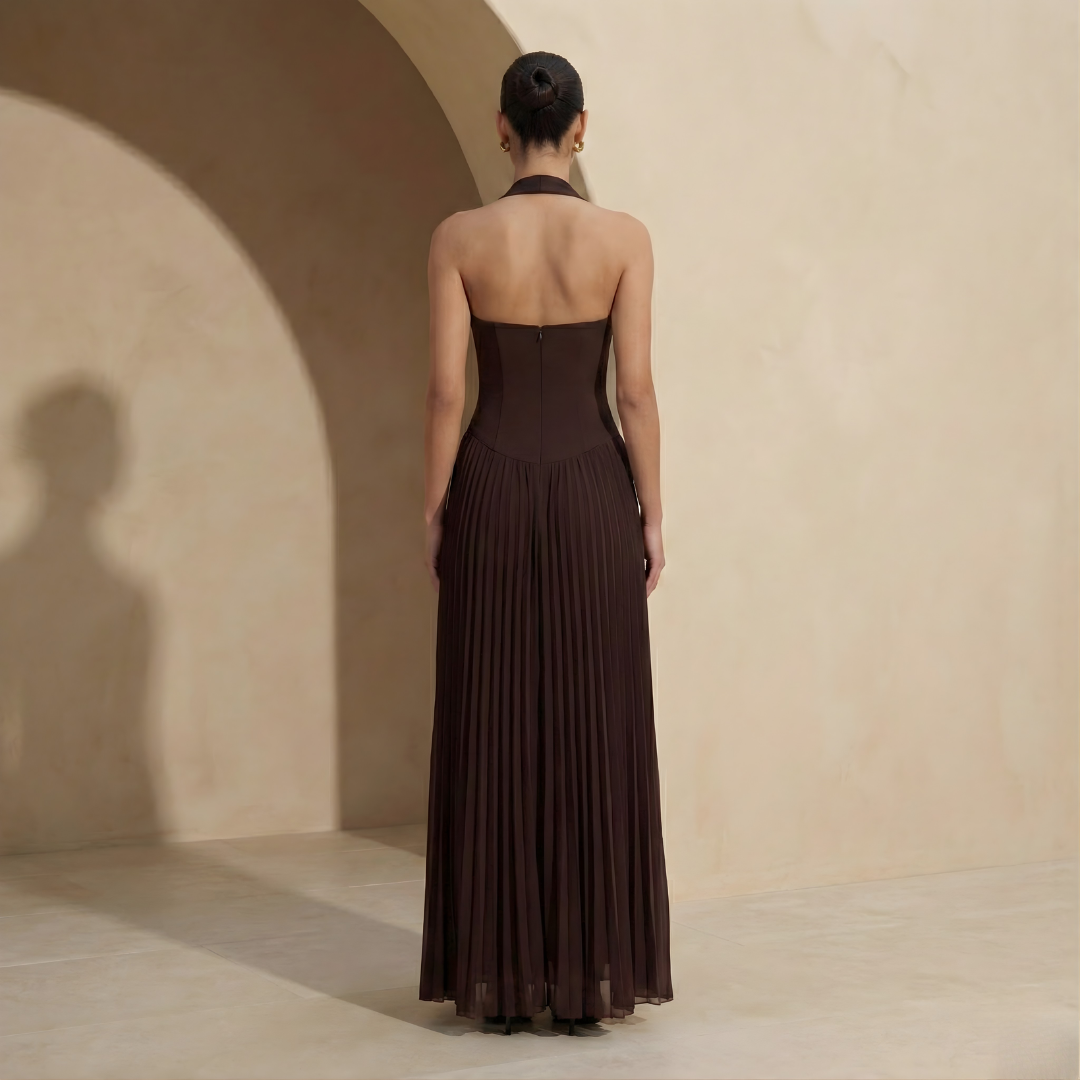 Pleated Halter Maxi Dress with Drop Waist | Elegant Evening Wear Dress